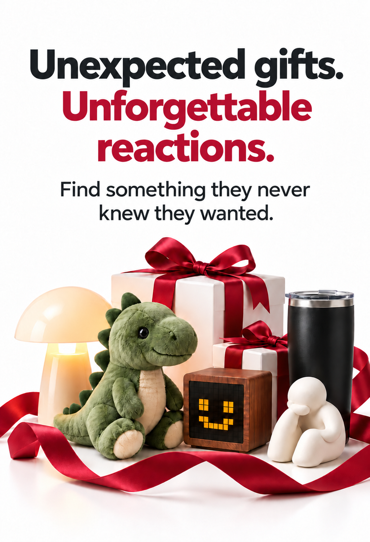 Surprise Parade unique gift ideas with a plush dinosaur, mushroom lamp, travel tumbler, pixel display, and sculpture – Find something they never knew they wanted