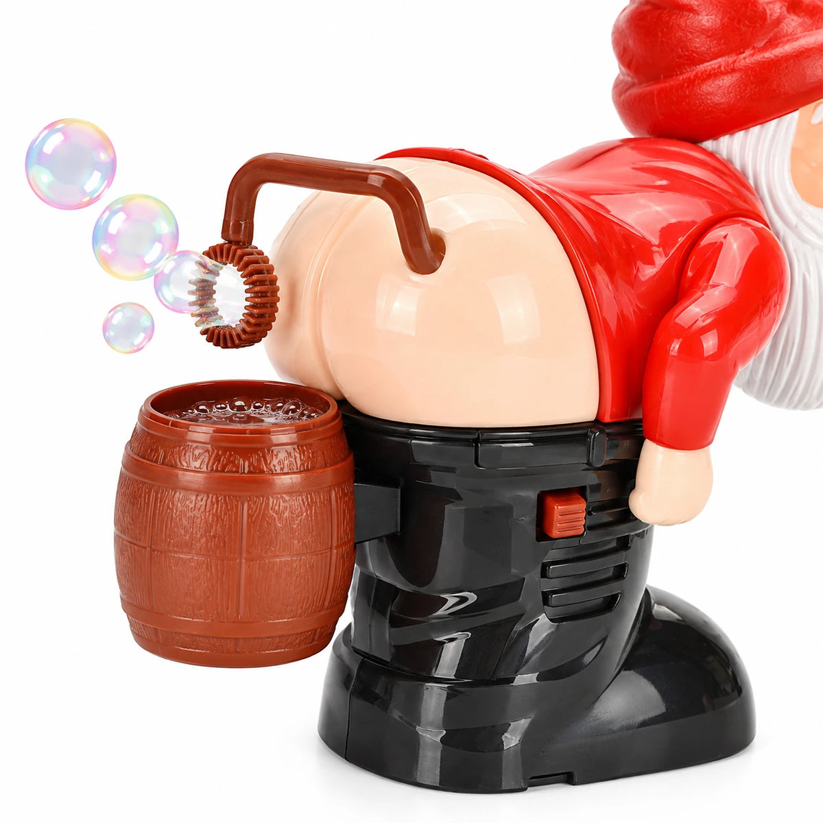 Close view of the brown barrel dipping ring and rear bubble outlet on the Santa toy