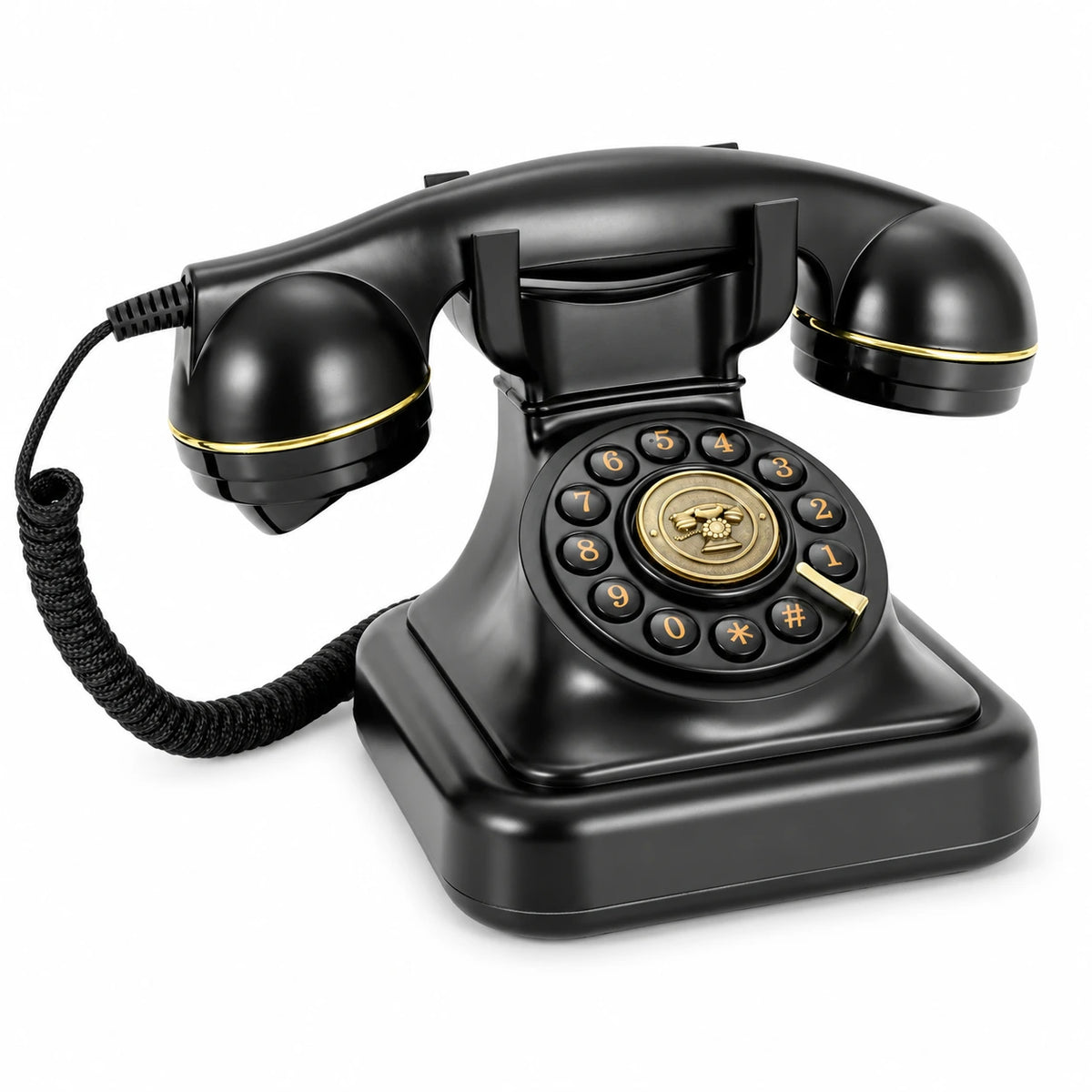 Black audio message recorder phone with gold number buttons and a curved receiver