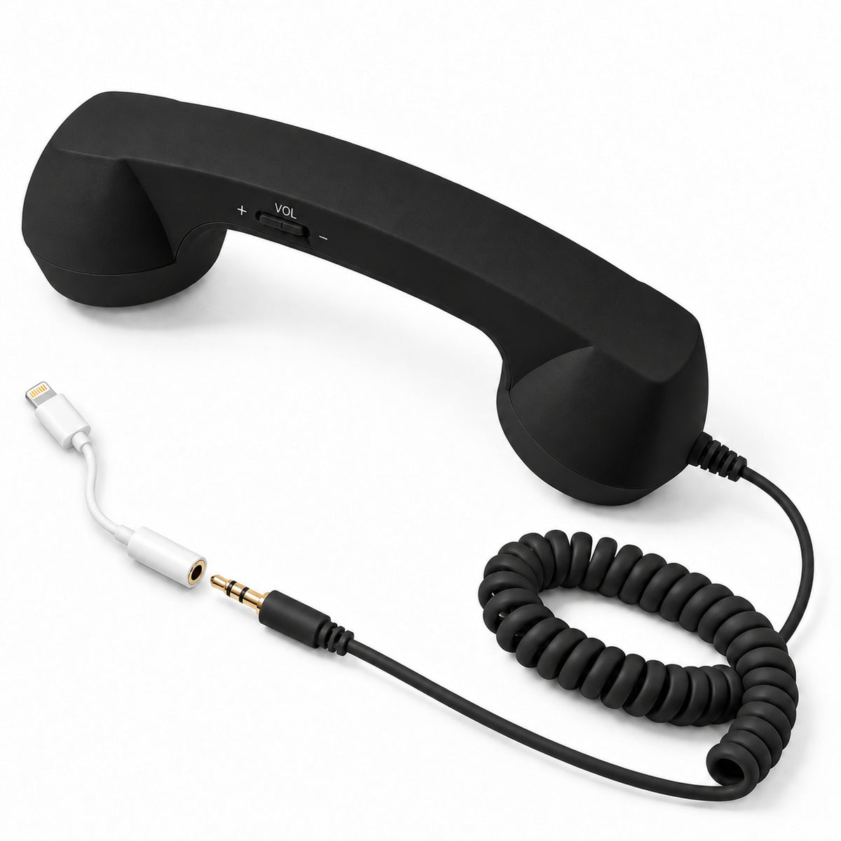 Black telephone receiver with volume control and an AUX jack positioned just before the white Lightning adapter socket