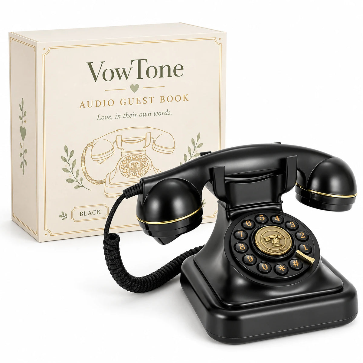 Black VowTone voice keepsake telephone with gold trim beside an ivory product box