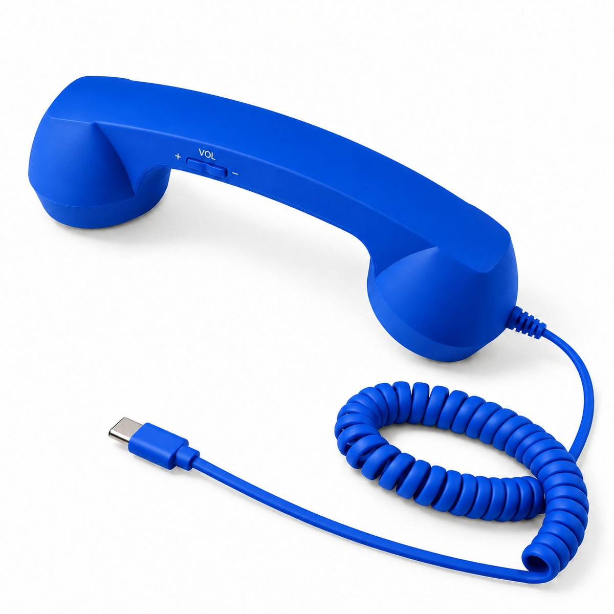 Blue USB C telephone receiver with a matching spiral cable and built in volume control