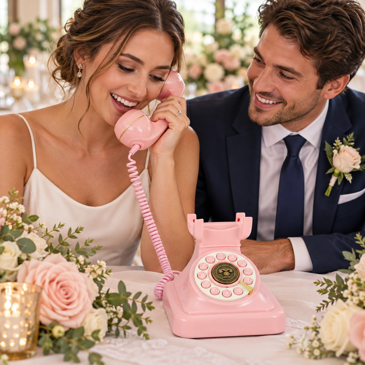 Bride and groom recording their welcome greeting with a pink vintage telephone