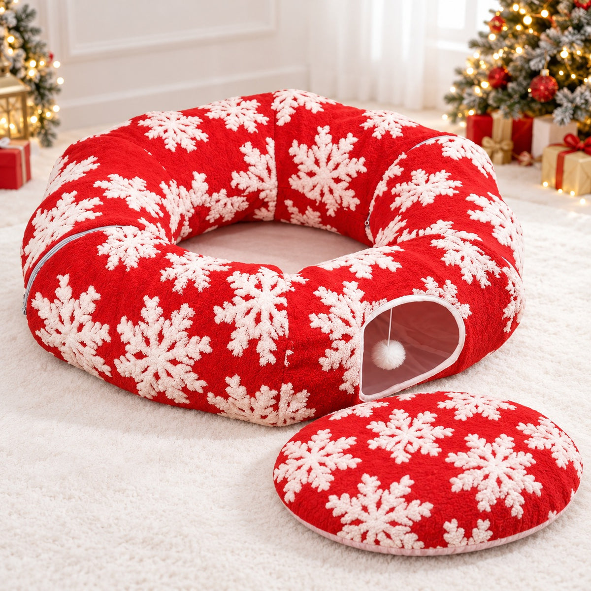 Red cat tunnel bed with its removable snowflake cushion displayed separately