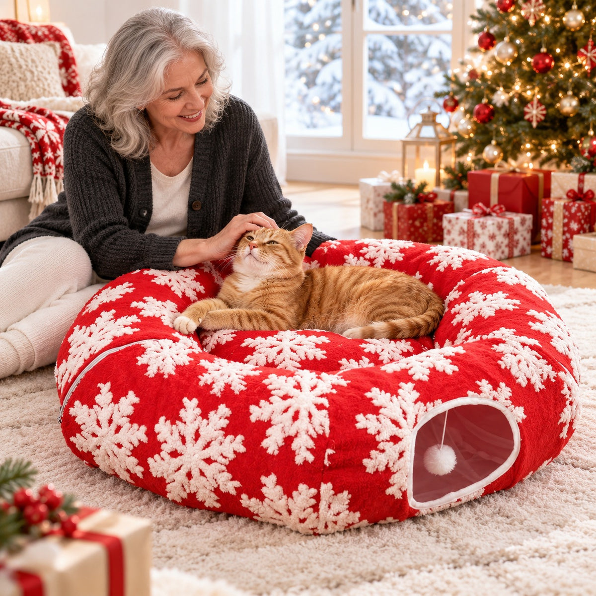 Cat relaxing in a red plush tunnel bed beside its owner on a cozy Christmas morning