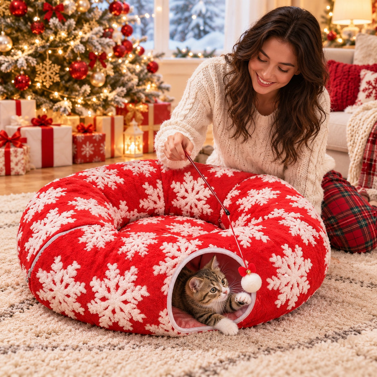 Christmas tunnel toy for indoor cats with a kitten playing beside its owner