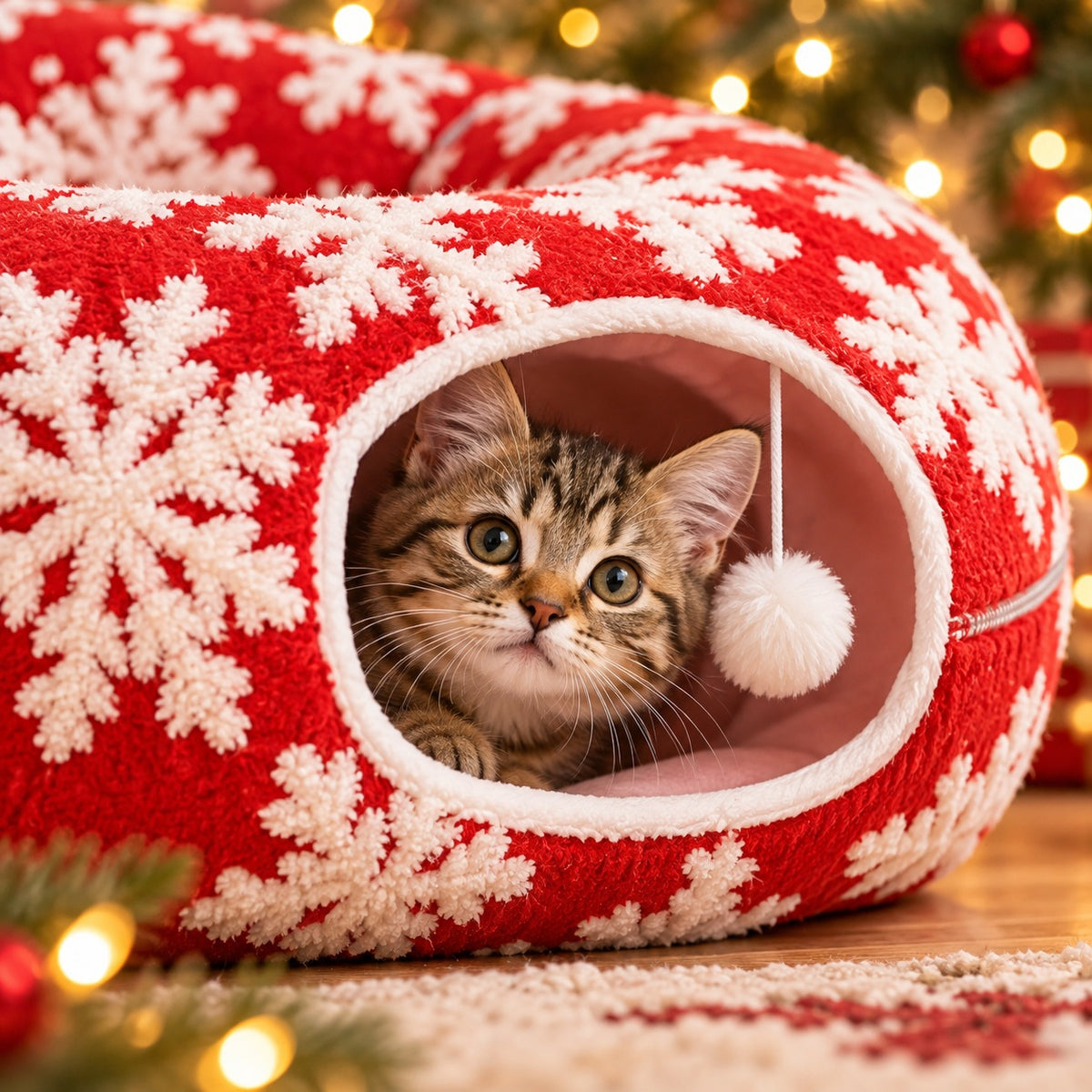 Kitten peeking from a Christmas cat play tunnel beside its hanging plush ball