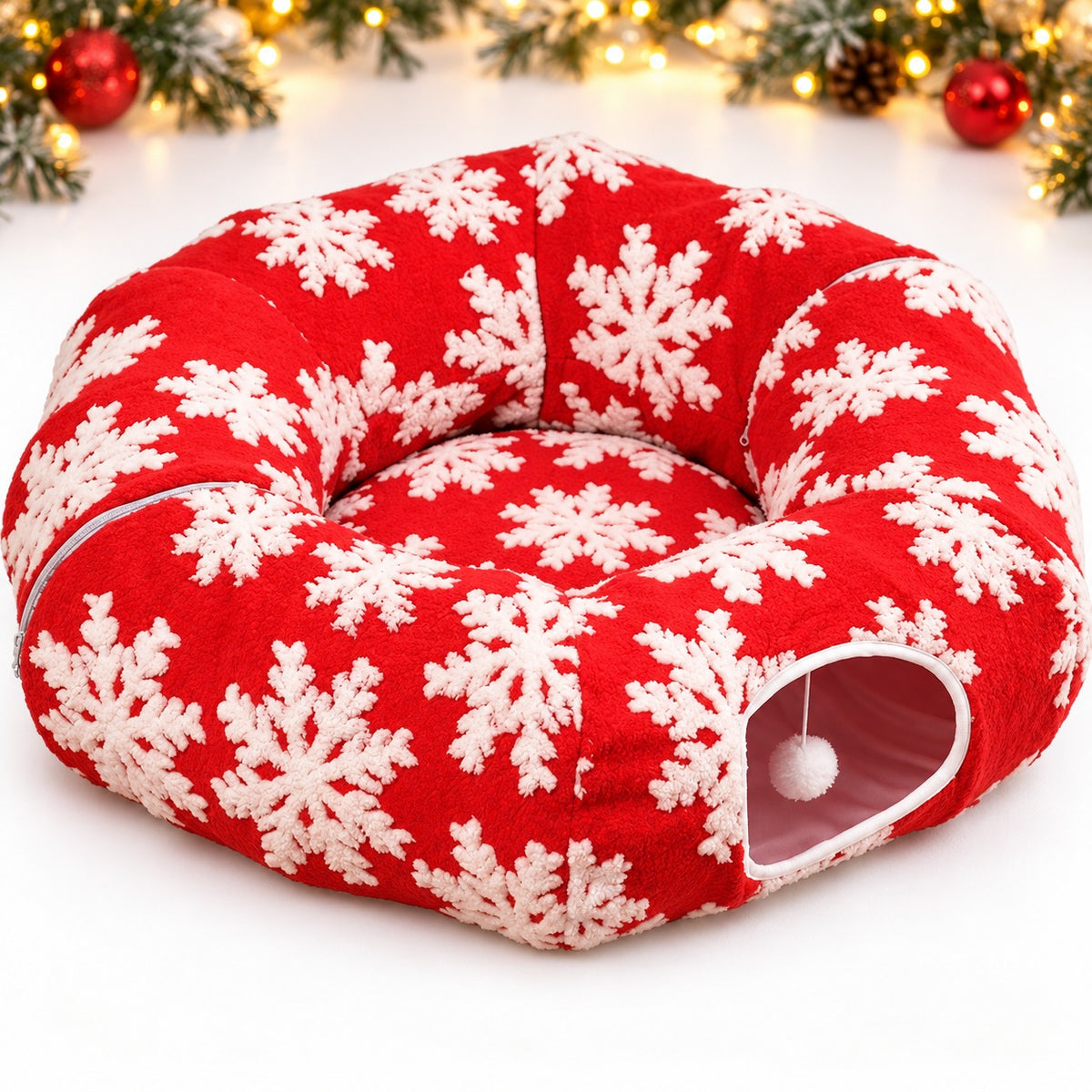 Red Christmas cat tunnel bed with white snowflakes removable cushion and hanging toy ball
