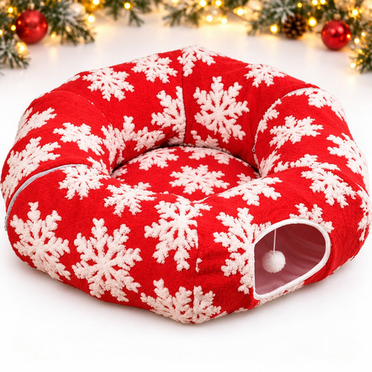 Red Christmas cat tunnel bed with white snowflakes removable cushion and hanging toy ball