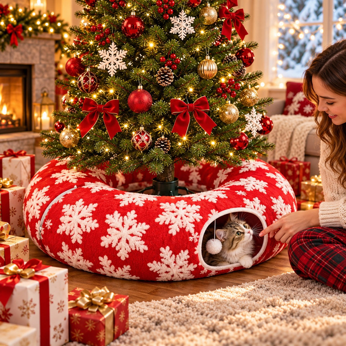 Red cat tunnel around a Christmas tree base with a cat peeking out beside its owner