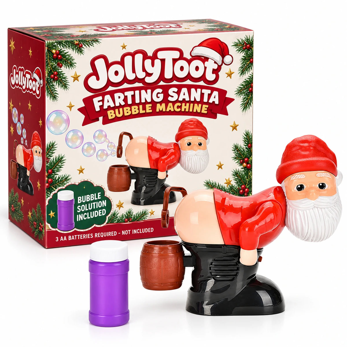 JollyToot Santa machine and bubble liquid beside a white and red Christmas gift box