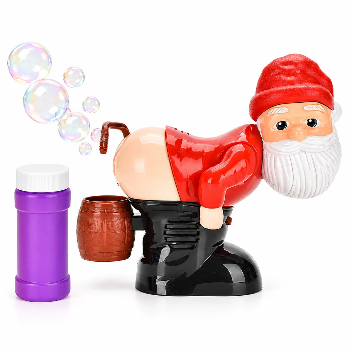 Santa bubble machine with a red hat white beard brown barrel and a bottle of bubble solution
