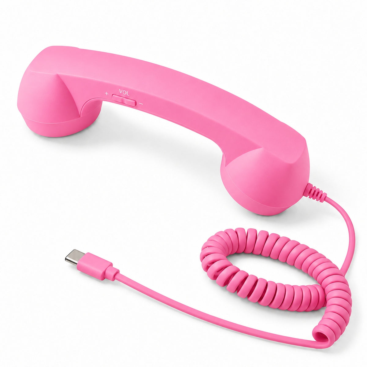 Pink corded phone accessory with a USB C plug matching curly cable and volume slider