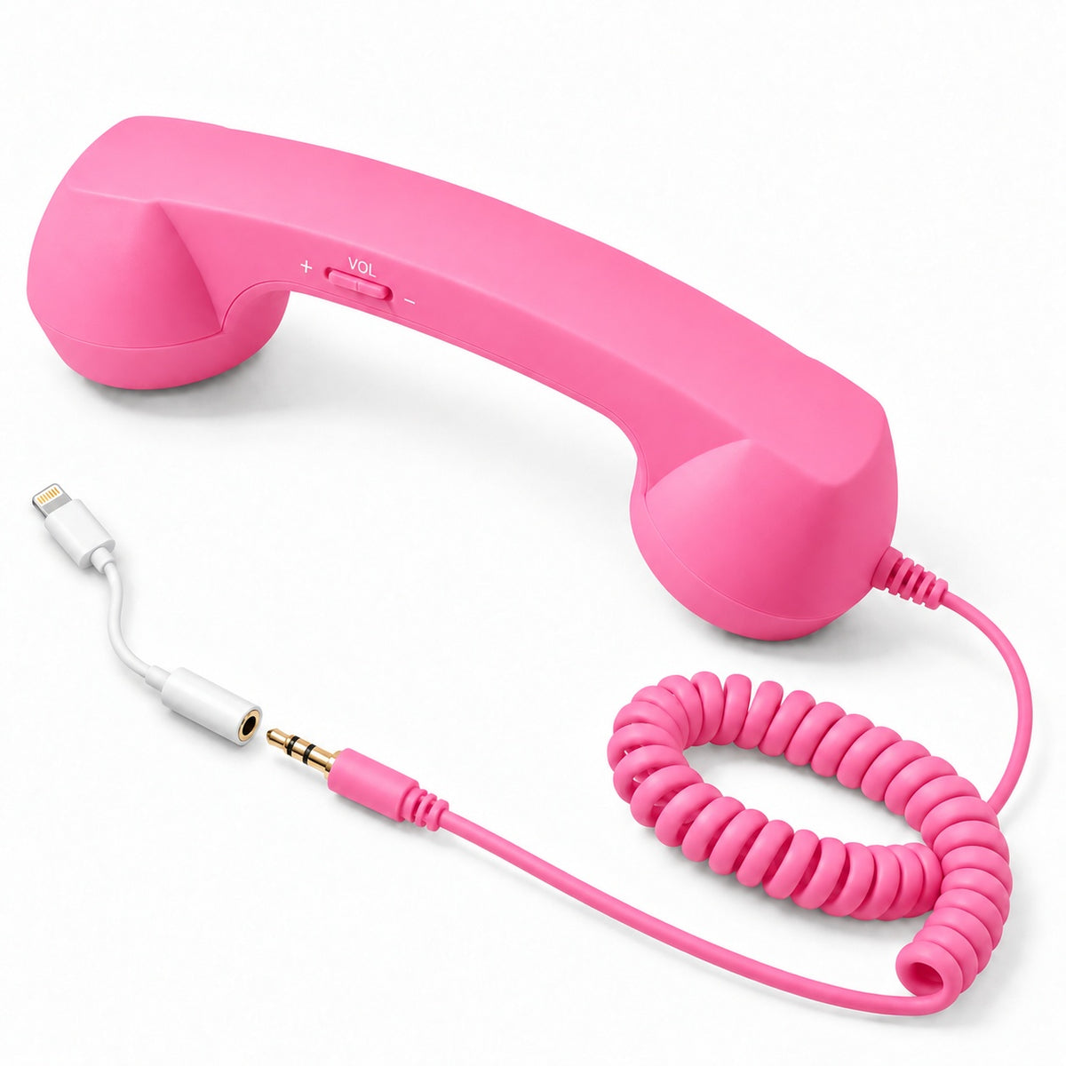 Pink old school phone receiver with a spiral cable and a white Lightning audio adapter aligned with its AUX plug