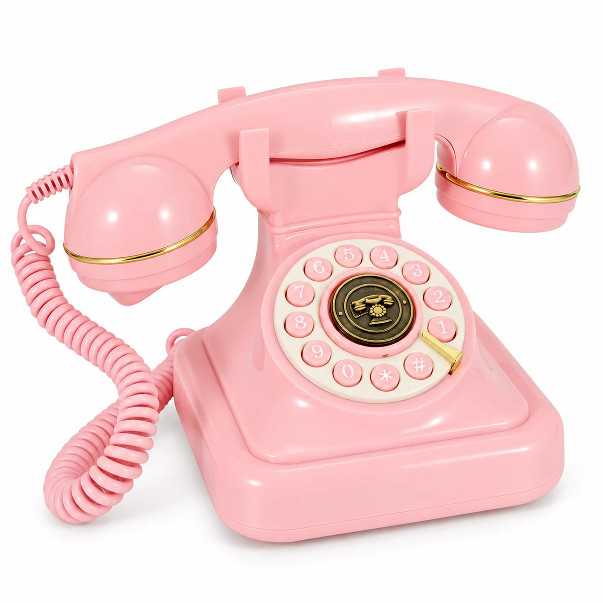Pink vintage style guestbook phone with gold accents and a matching coiled handset cord