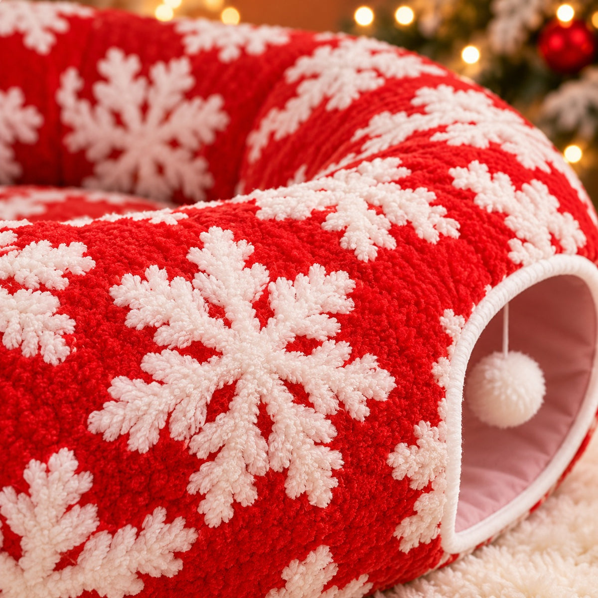 Close up of red plush cat bed fabric with raised white snowflake details