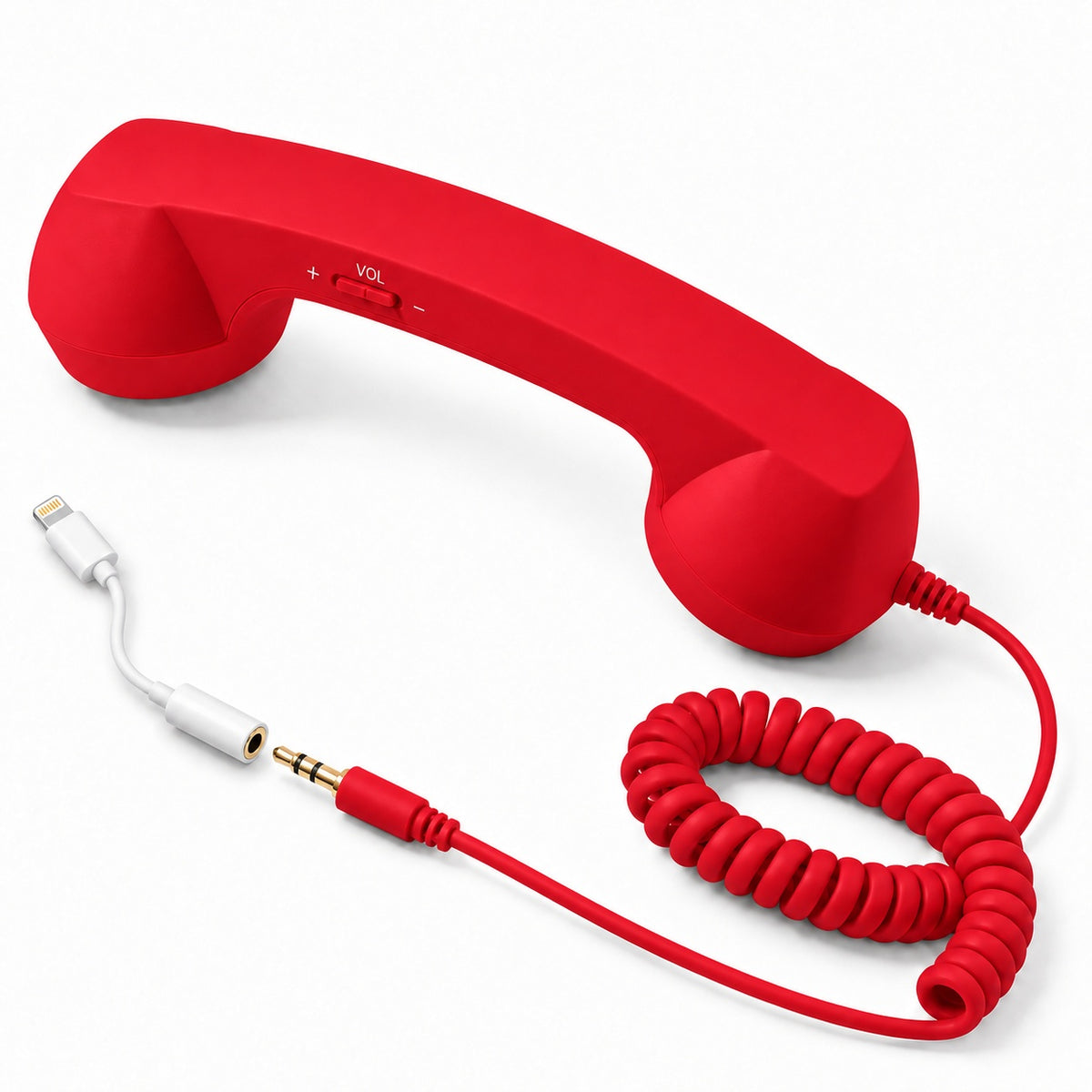 Red vintage style phone handset with a coiled cord and a separate Lightning to 3.5mm headphone jack adapter