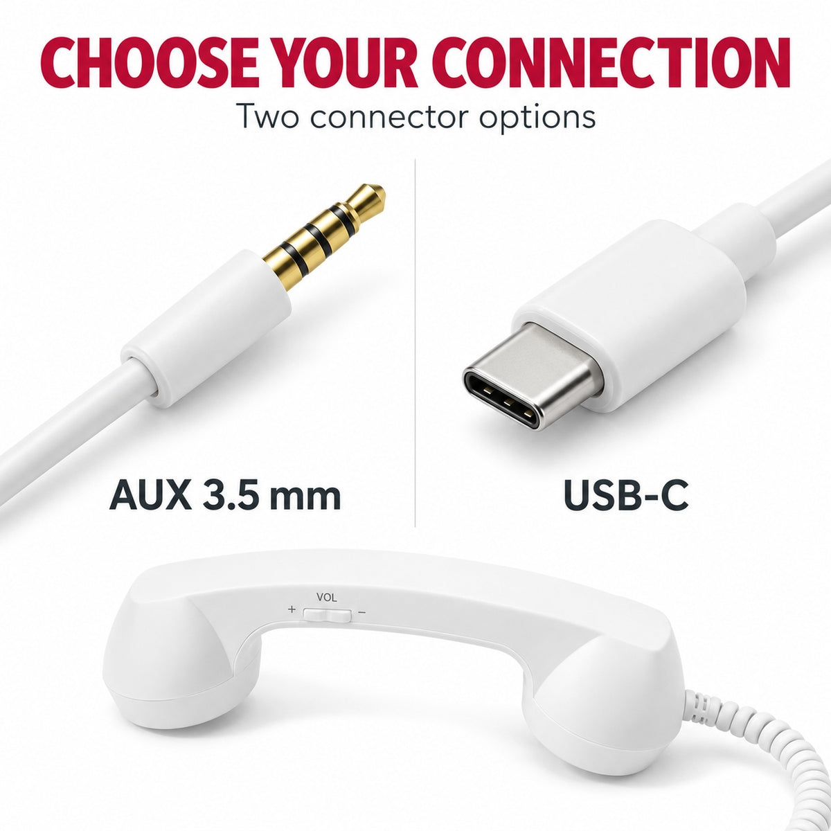RELLO phone handset connection options with 3.5mm AUX and USB C plugs shown side by side