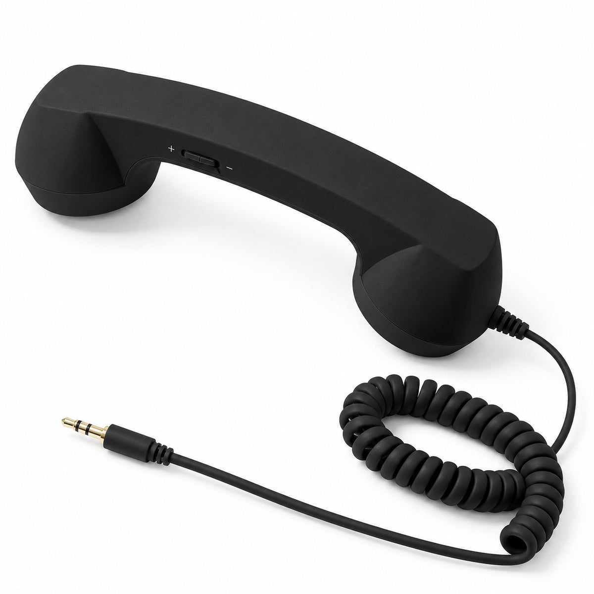 Black RELLO corded handset with 3.5mm headphone jack connector and adjustable volume