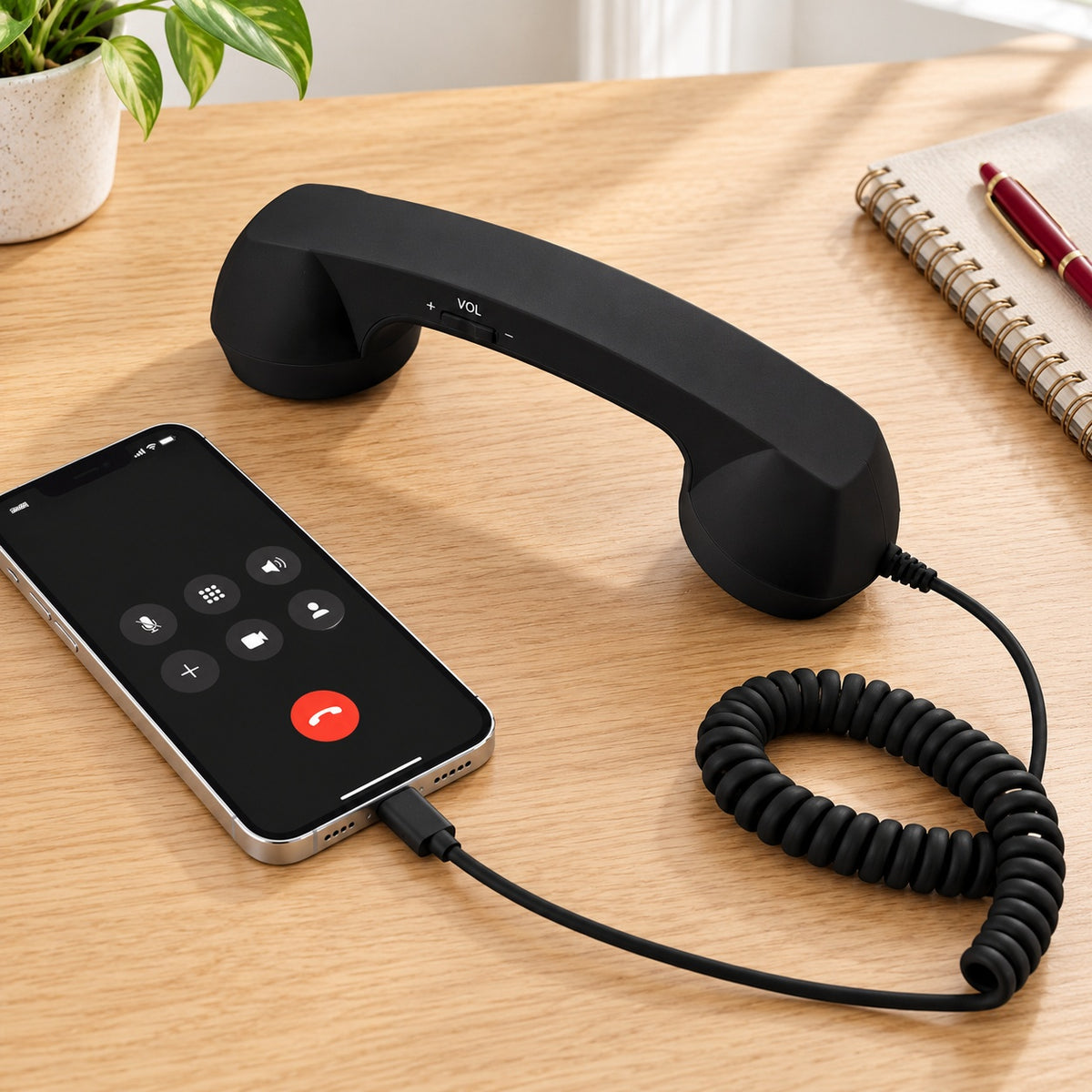 Black RELLO corded smartphone accessory connected by USB C on a wooden desk