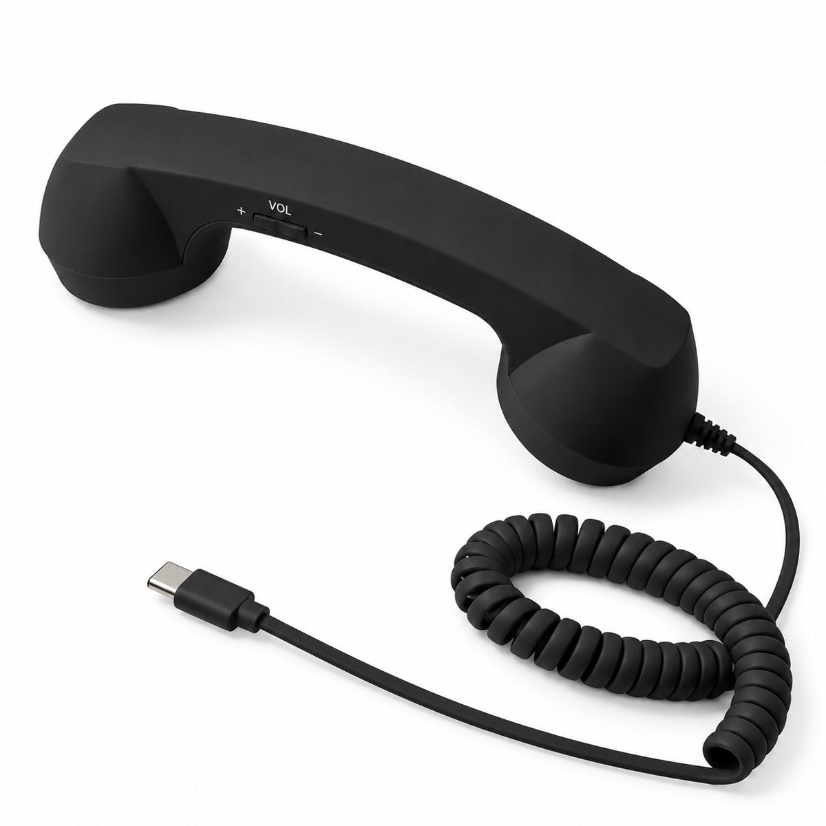 Black RELLO USB C call receiver with microphone and matching coiled cable
