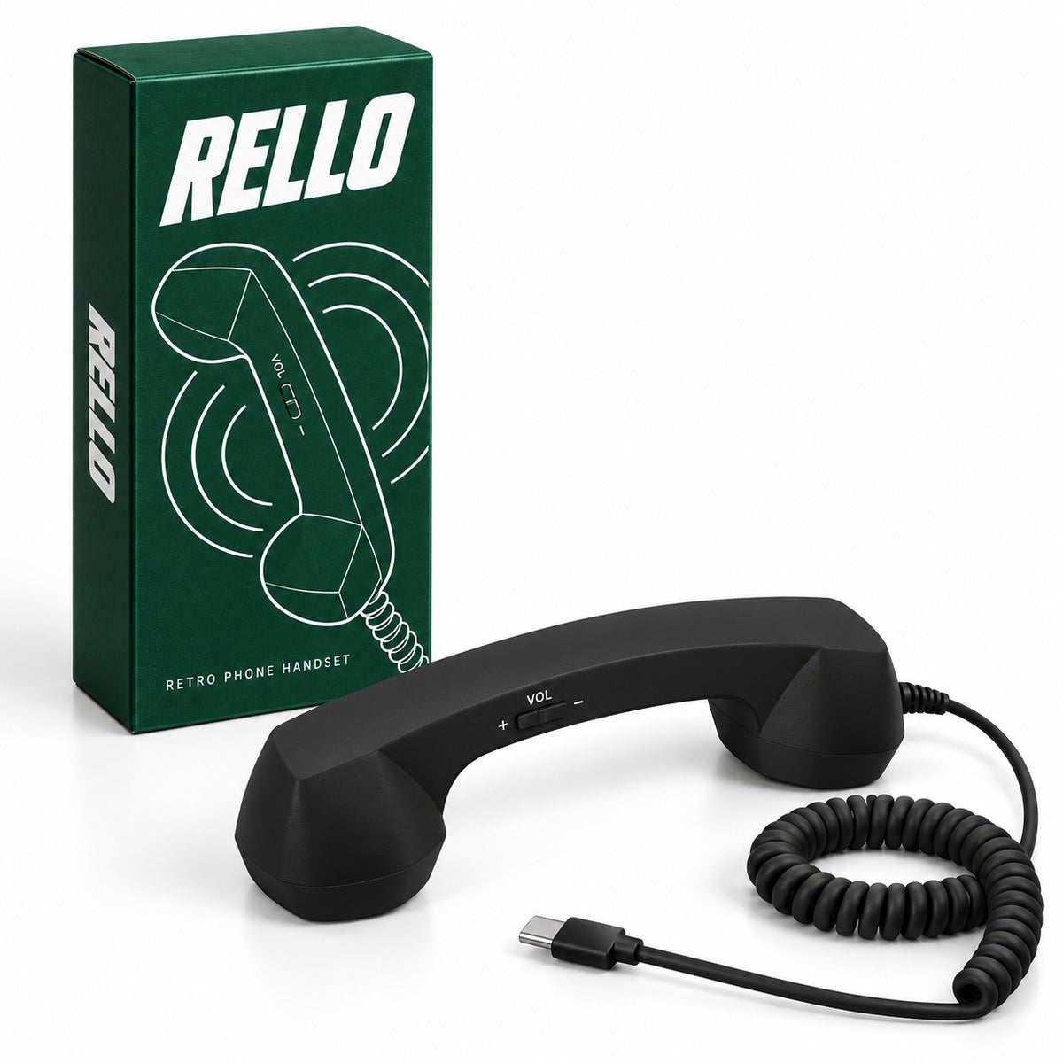 Black RELLO vintage style handset and coiled cable beside its green product box