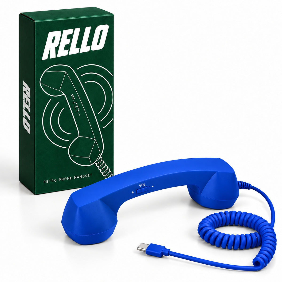 Blue RELLO retro mobile phone receiver with USB C cable