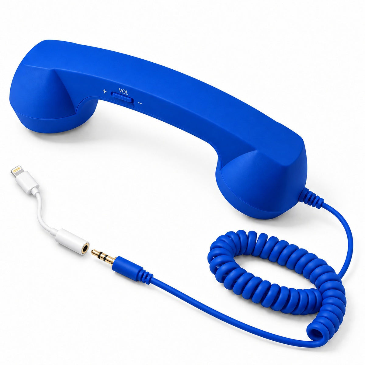 Blue RELLO retro phone handset with a 3.5mm AUX plug aligned beside a separate white Lightning adapter