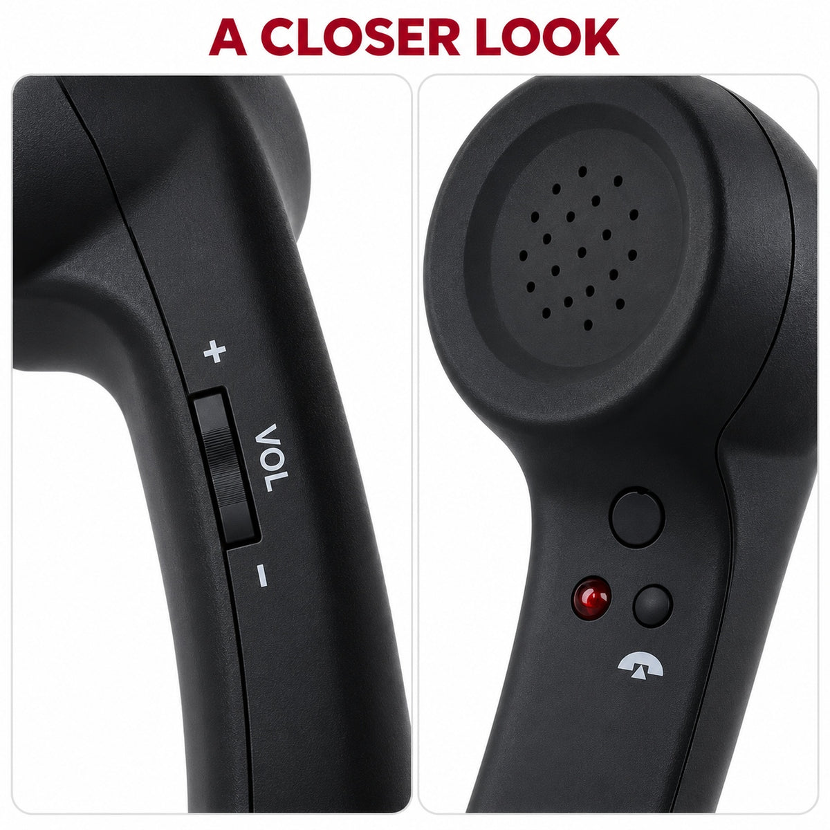 telephone receiver showing the volume slider call buttons and earpiece