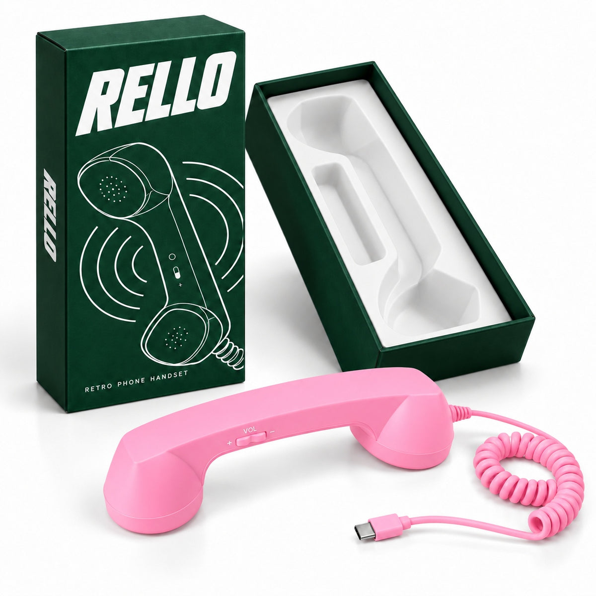 Pink vintage style handset with USB C connector beside an open green RELLO box