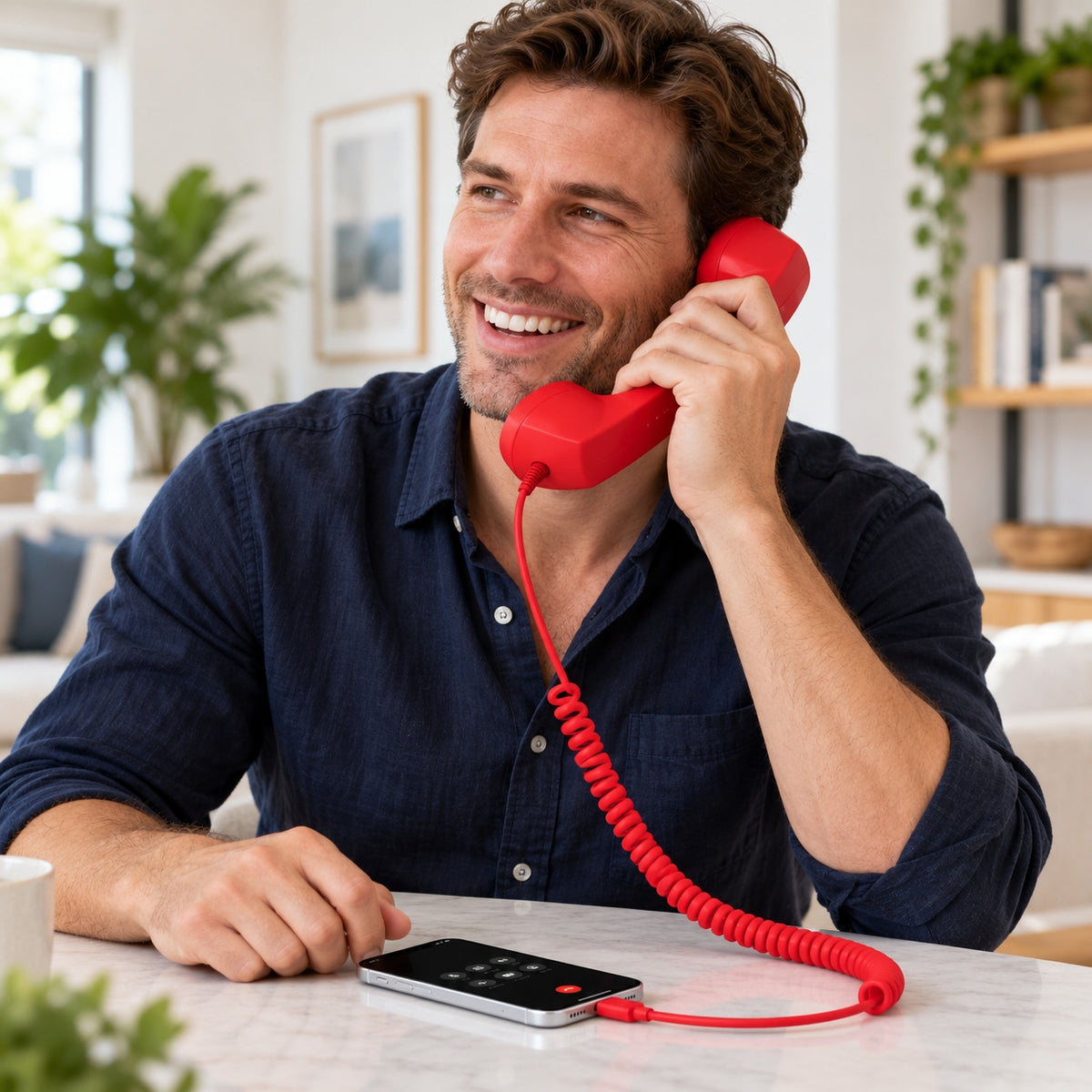 Red RELLO old school telephone handset used for a mobile phone call at home