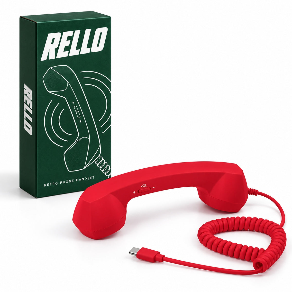 Red RELLO retro phone accessory with spiral cord and branded green packaging