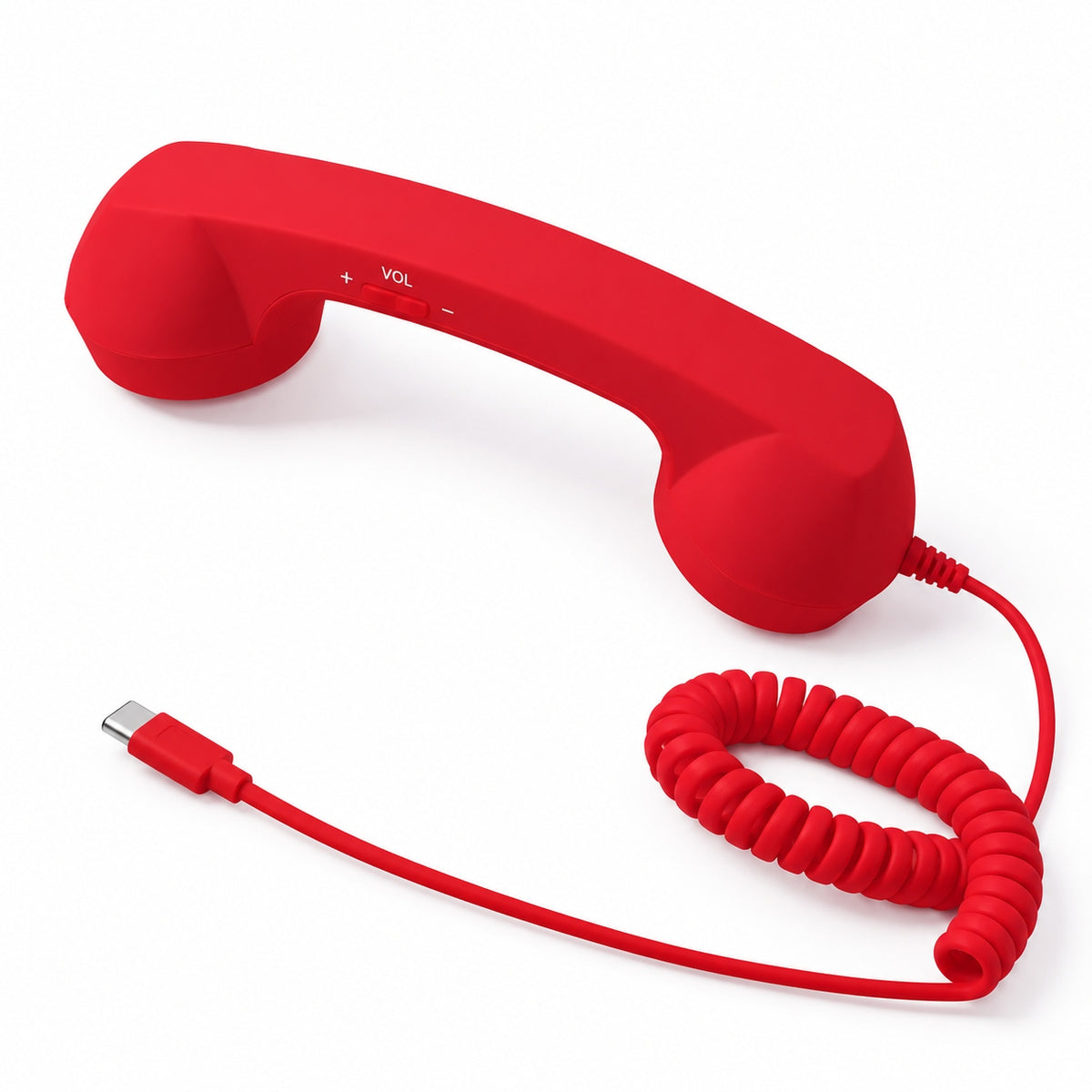 Red RELLO wired smartphone handset with USB C plug and classic telephone design