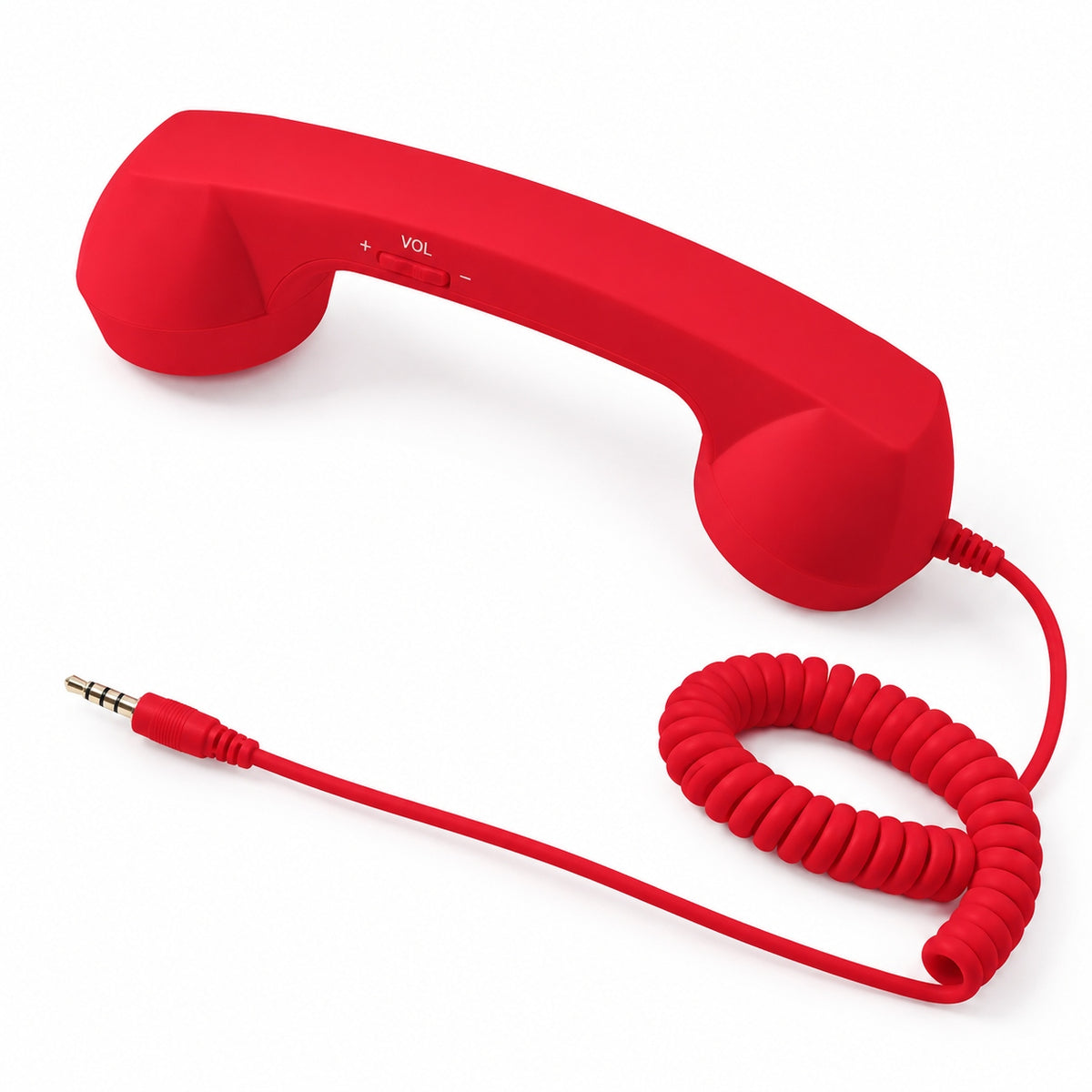 Red RELLO vintage style phone receiver with AUX connector and matching spiral cable