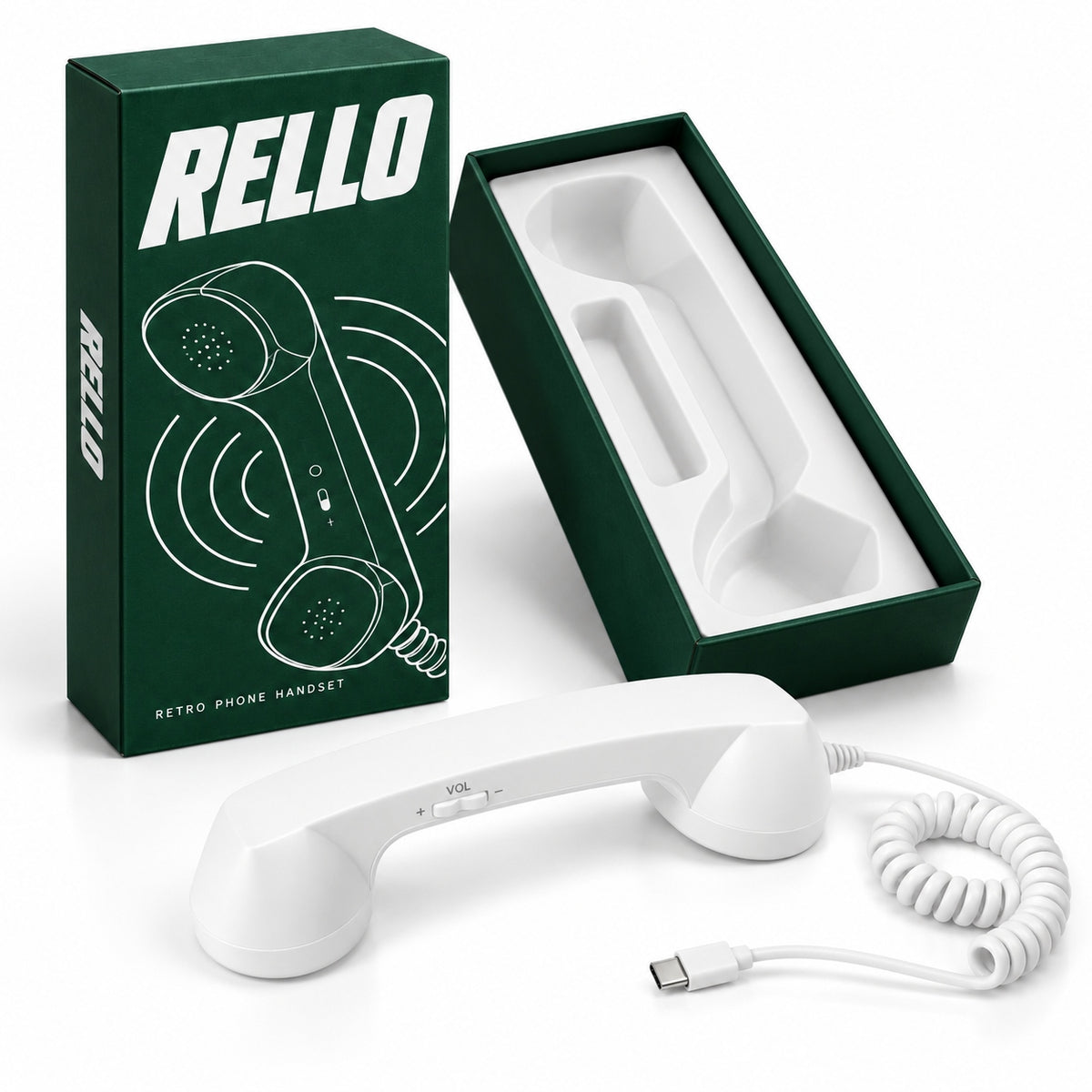 White RELLO telephone handset with USB C cable displayed beside its open green box