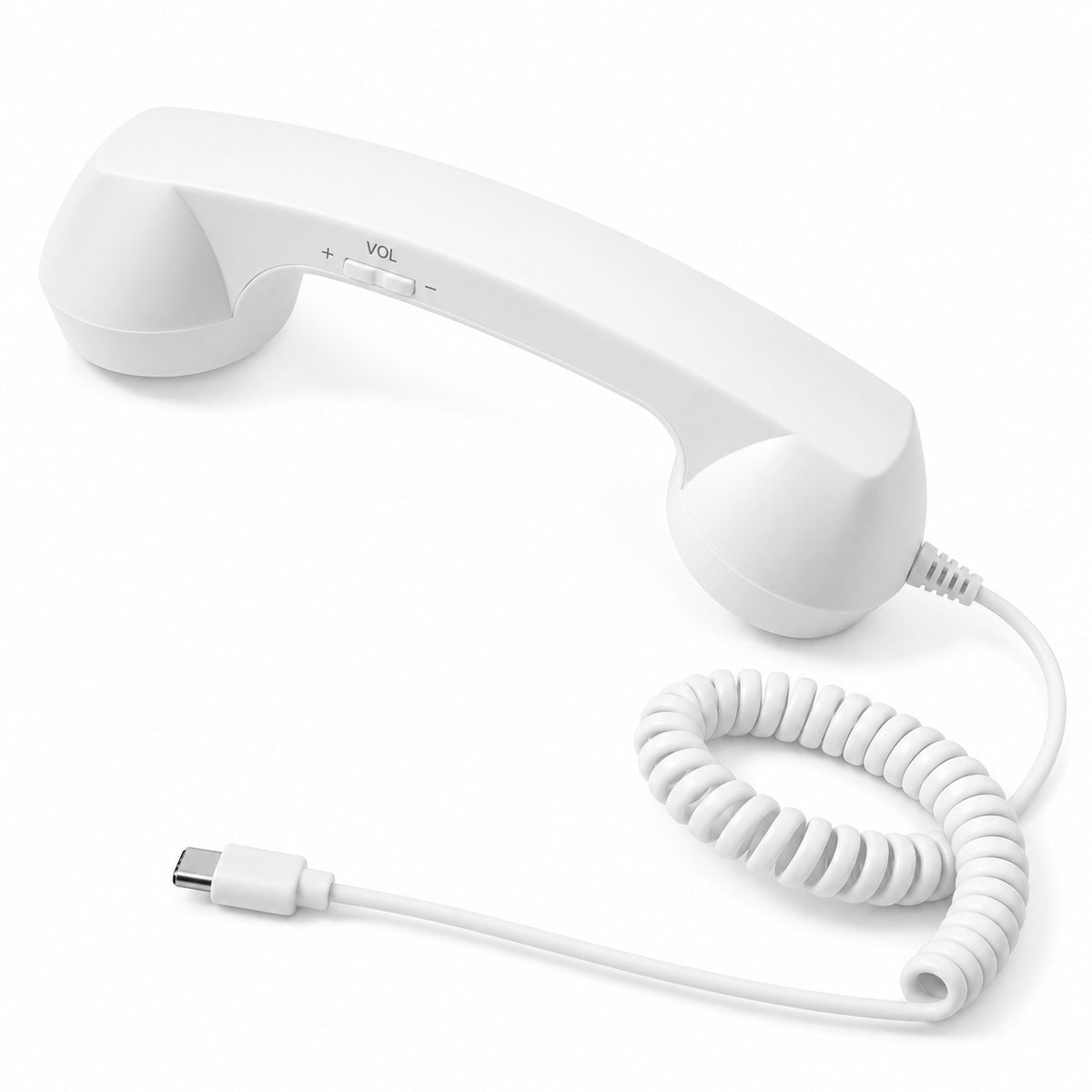 White RELLO USB C telephone receiver with built in microphone and volume slider