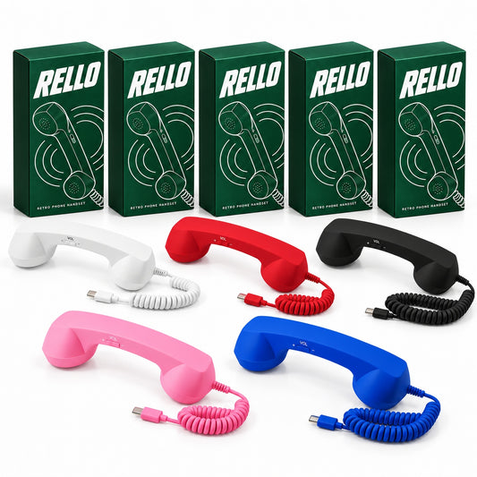 RELLO wired retro phone handset color options in white red and black with branded boxes