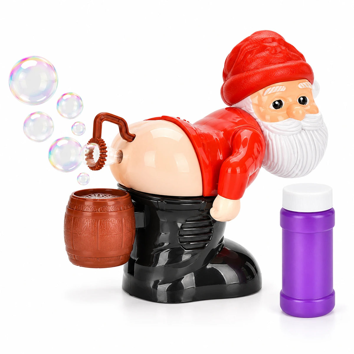 Rear view of a Santa bubble blower showing the dipping wand brown barrel and floating soap bubbles