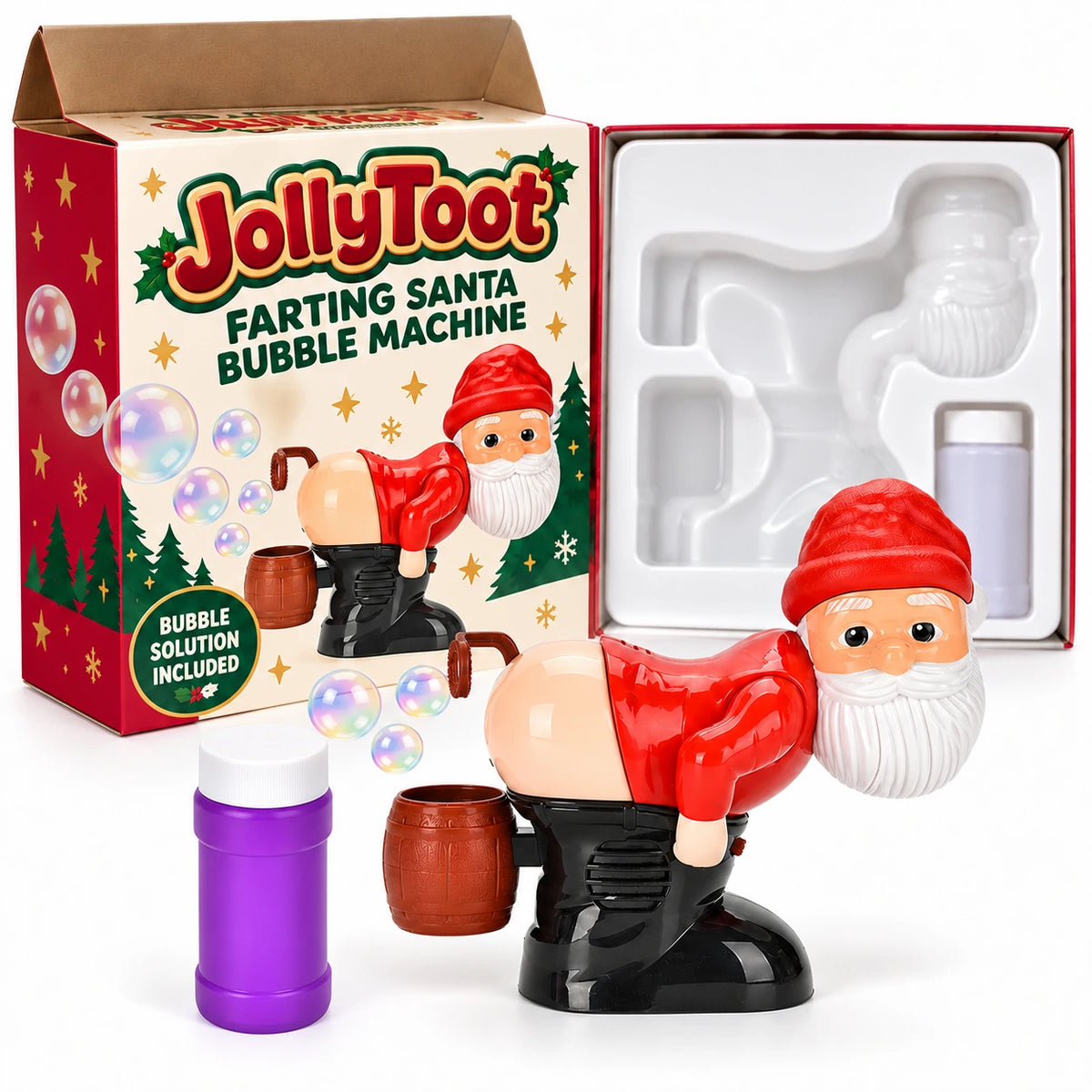 Santa novelty toy and solution bottle beside an open JollyToot box and fitted tray