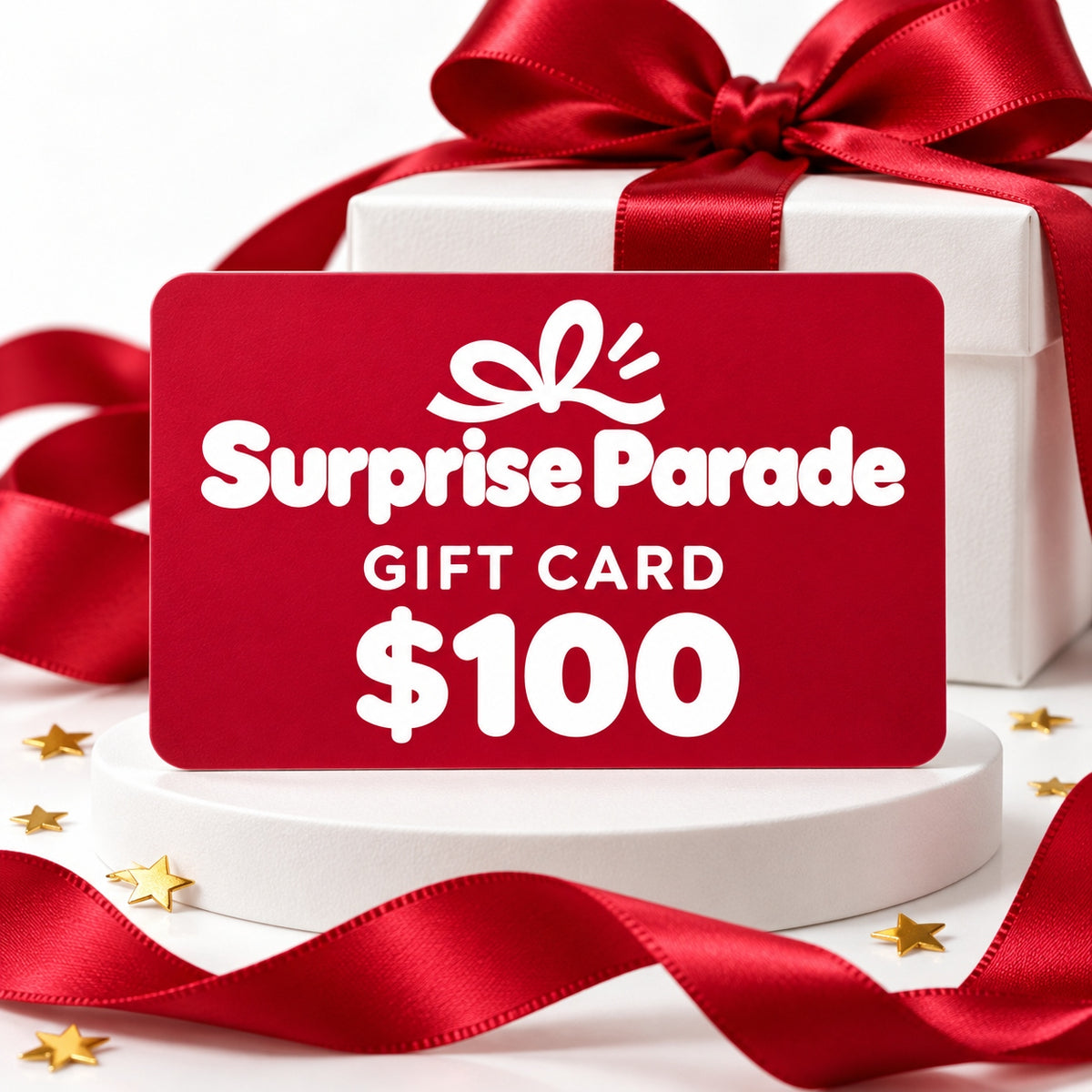 Surprise Parade $100 digital gift card with a white logo and red ribbons – a gift idea for him or her
