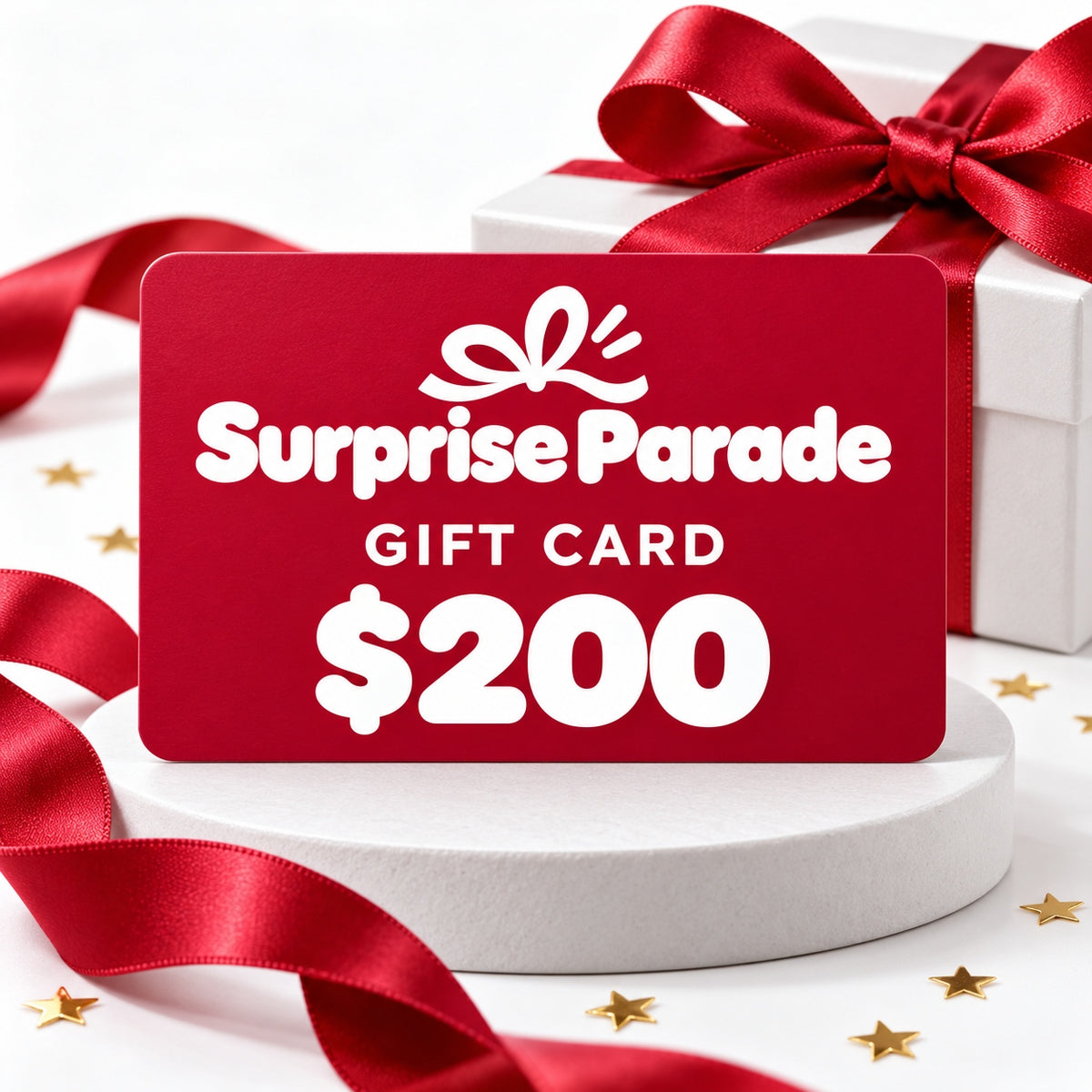 Surprise Parade $200 digital gift card displayed with a gift box – a birthday or anniversary gift