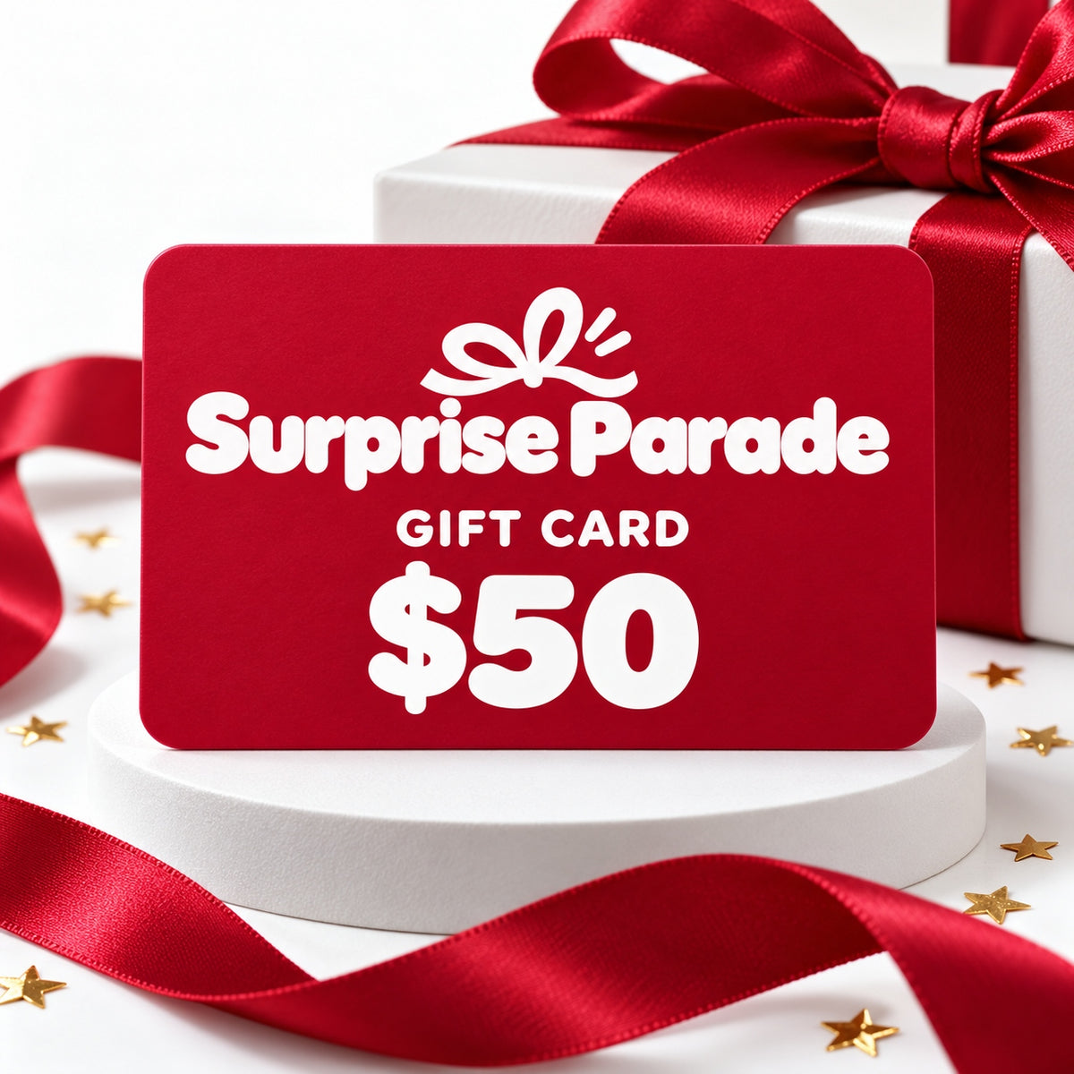 Surprise Parade $50 digital gift card with a white logo on a red card – a birthday or Christmas gift