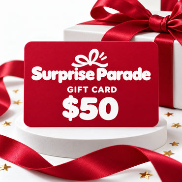 Surprise Parade $50 digital gift card with a white logo on a red card – a birthday or Christmas gift