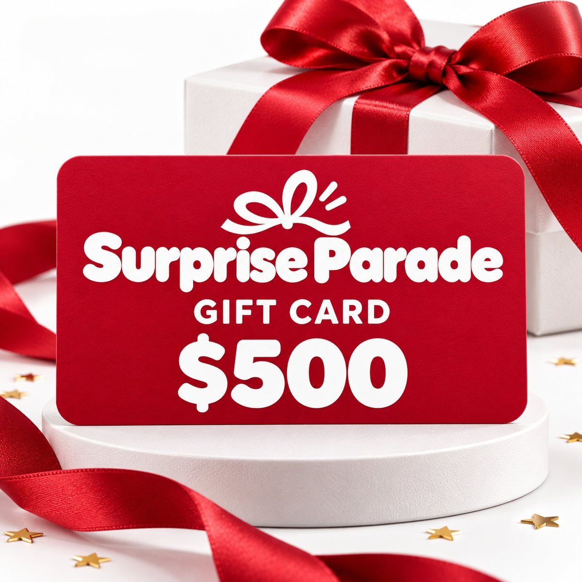 Surprise Parade $500 digital gift card with a white logo – a gift for milestone birthdays and special occasions