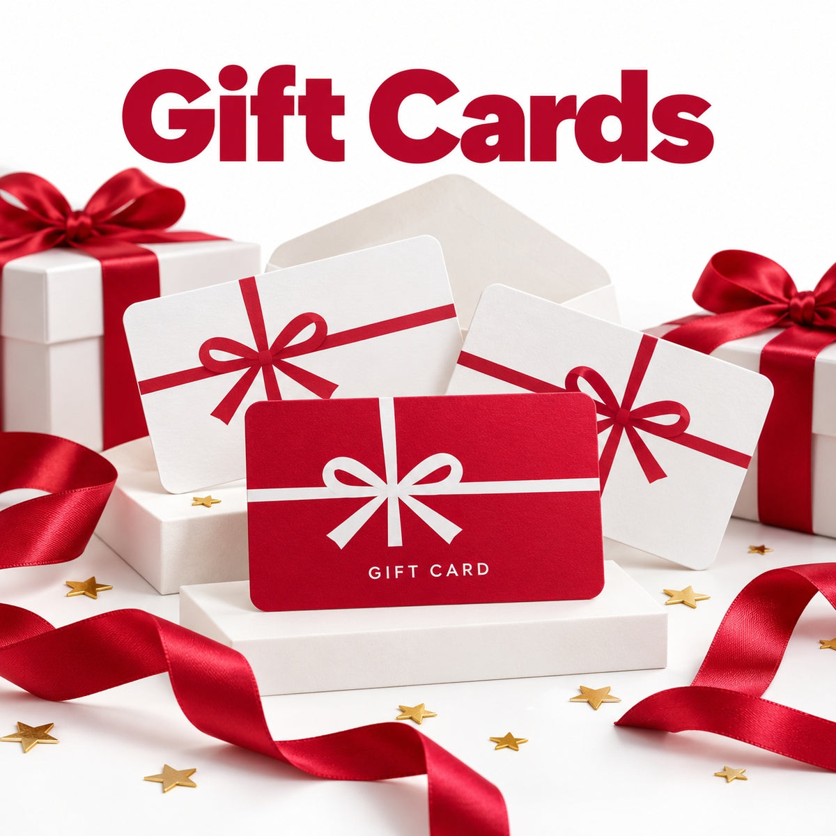 Surprise Parade gift cards for birthday gifts and Christmas gifts, displayed in red and white with ribbon bows