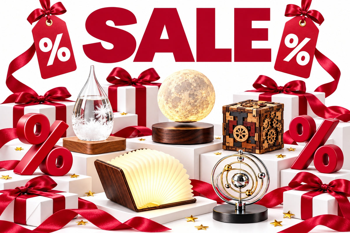 Gifts on sale at Surprise Parade – unique gift ideas and cool gadgets with a SALE headline, percentage signs, and red gift ribbons