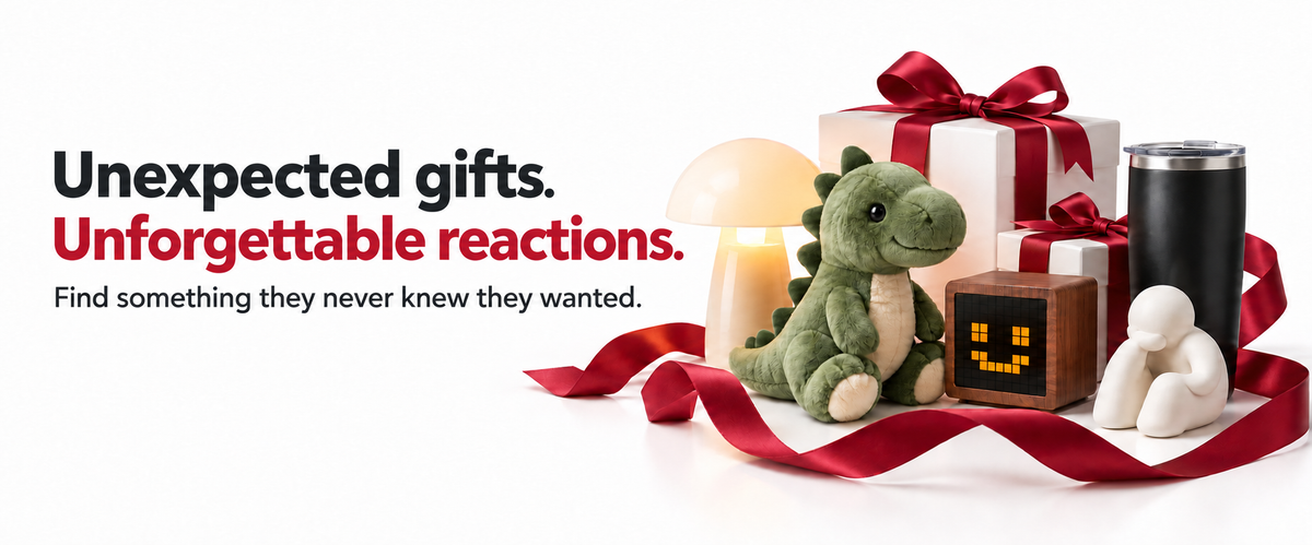 Unique gift ideas from Surprise Parade featuring a plush dinosaur, mushroom lamp, travel tumbler, pixel display, and sculpture – Unexpected gifts, unforgettable reactions
