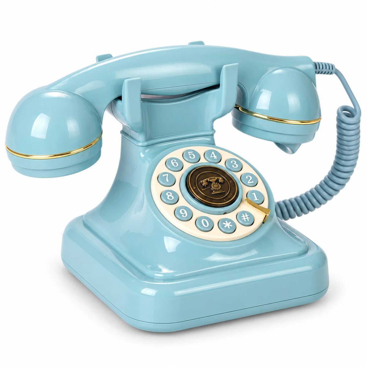 Turquoise retro guest book telephone with a matching spiral cable and cream button surround