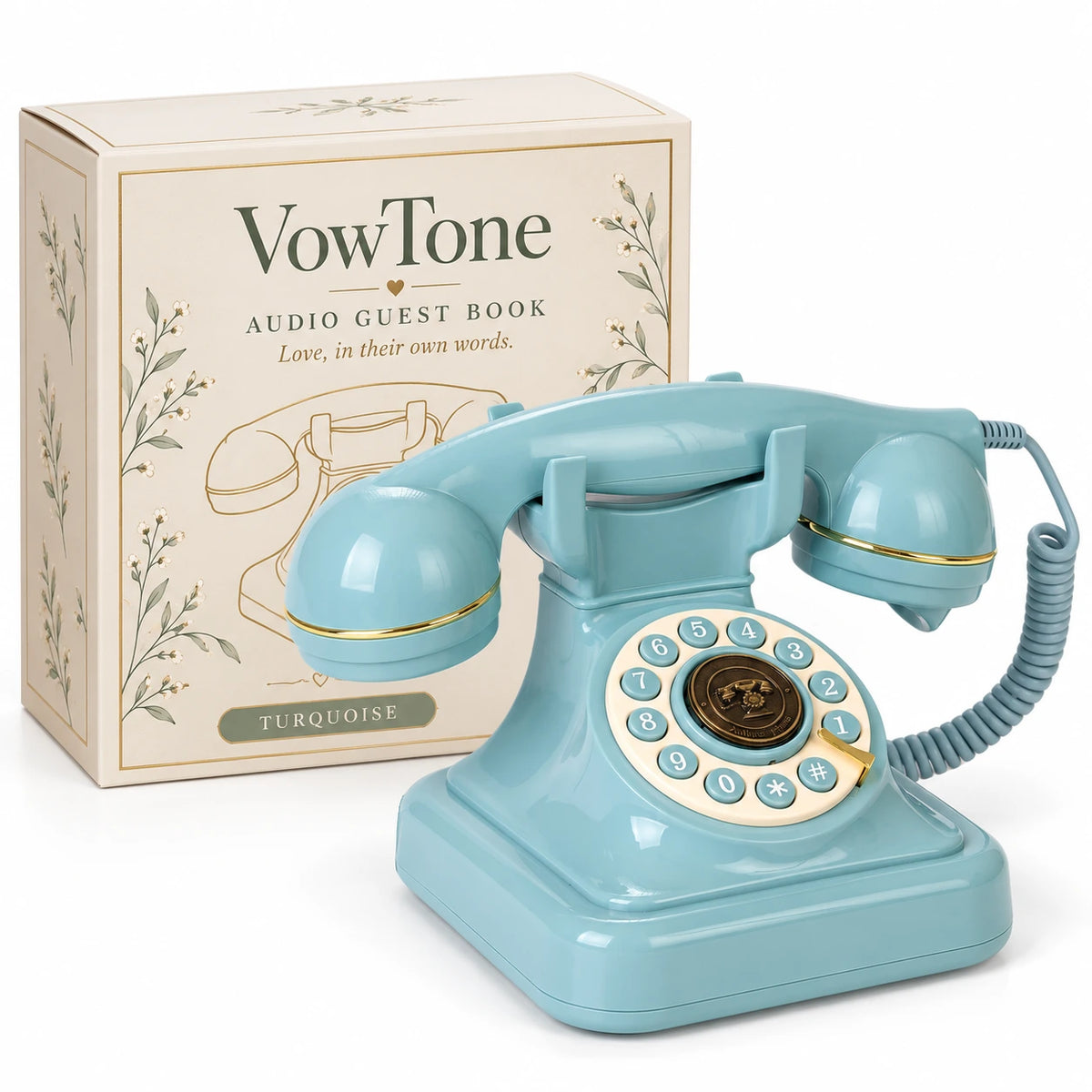 Turquoise wedding message phone beside a VowTone box with a gold telephone illustration