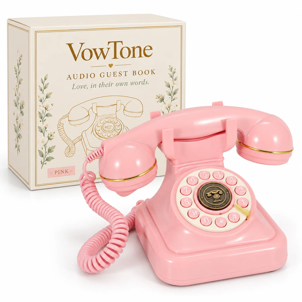 Pink VowTone audio guestbook phone beside an ivory branded box with gold details